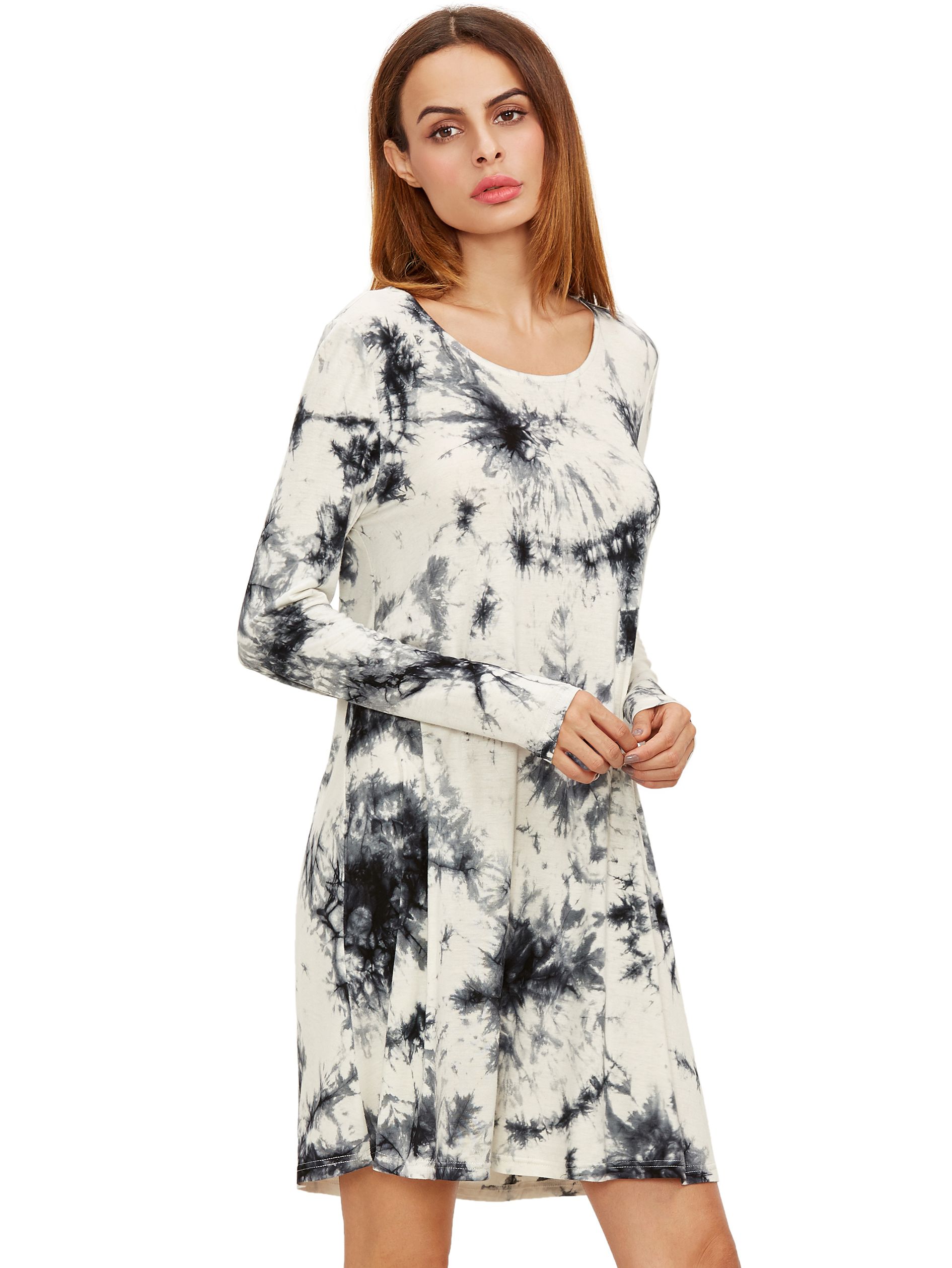 Black And White Ink Print Tie-dye Long Sleeve Dress