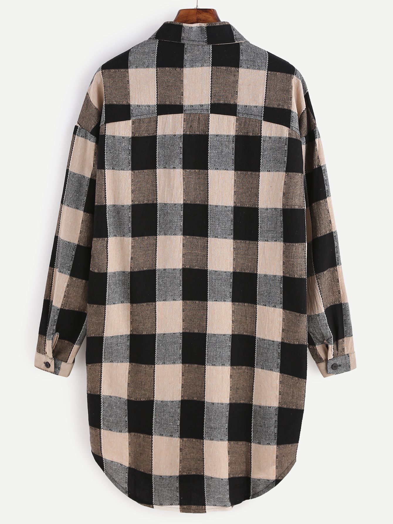 Check Plaid Drop Shoulder Curved Hem Shirt Dress