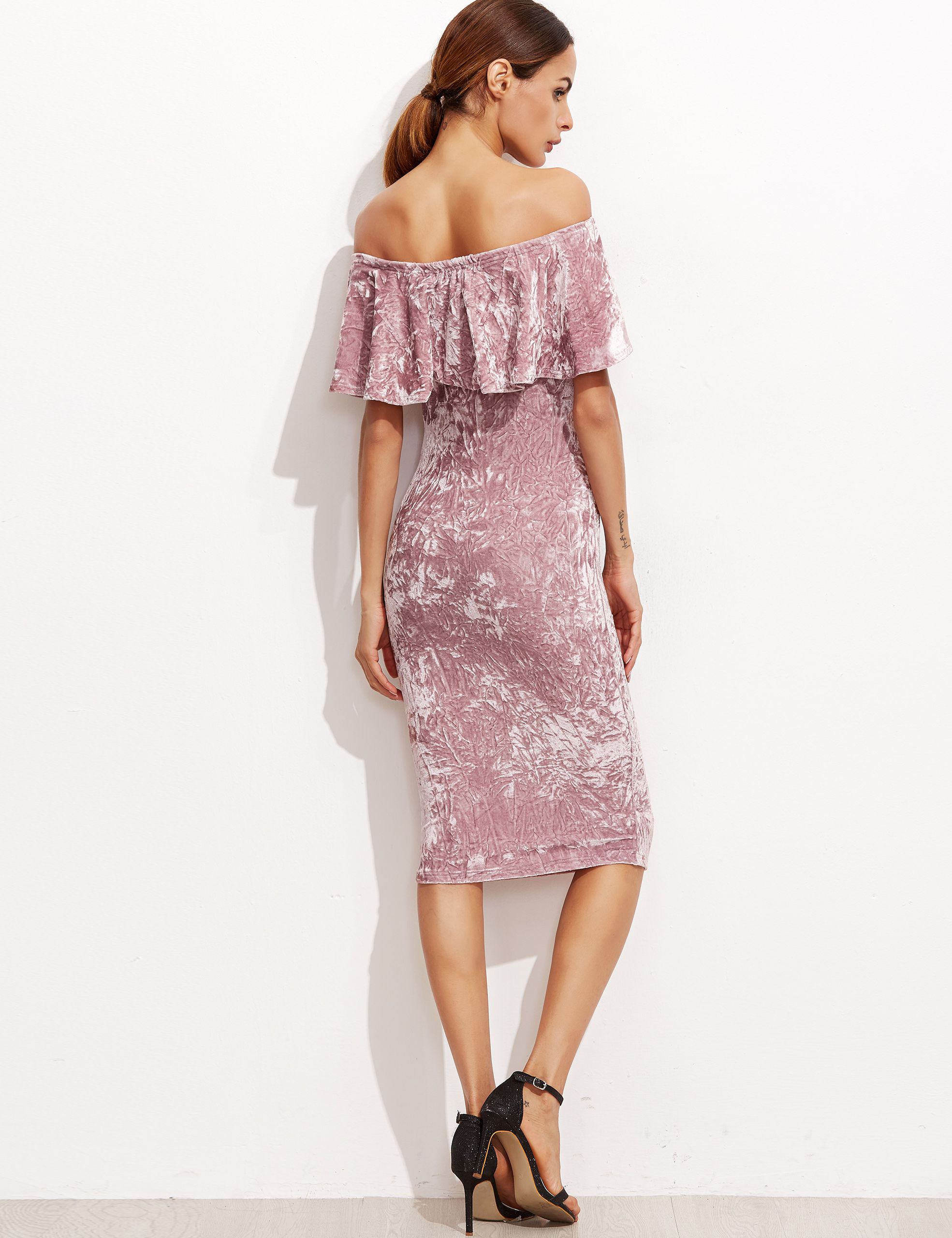 Pink Off The Shoulder Ruffle Sheath Dress