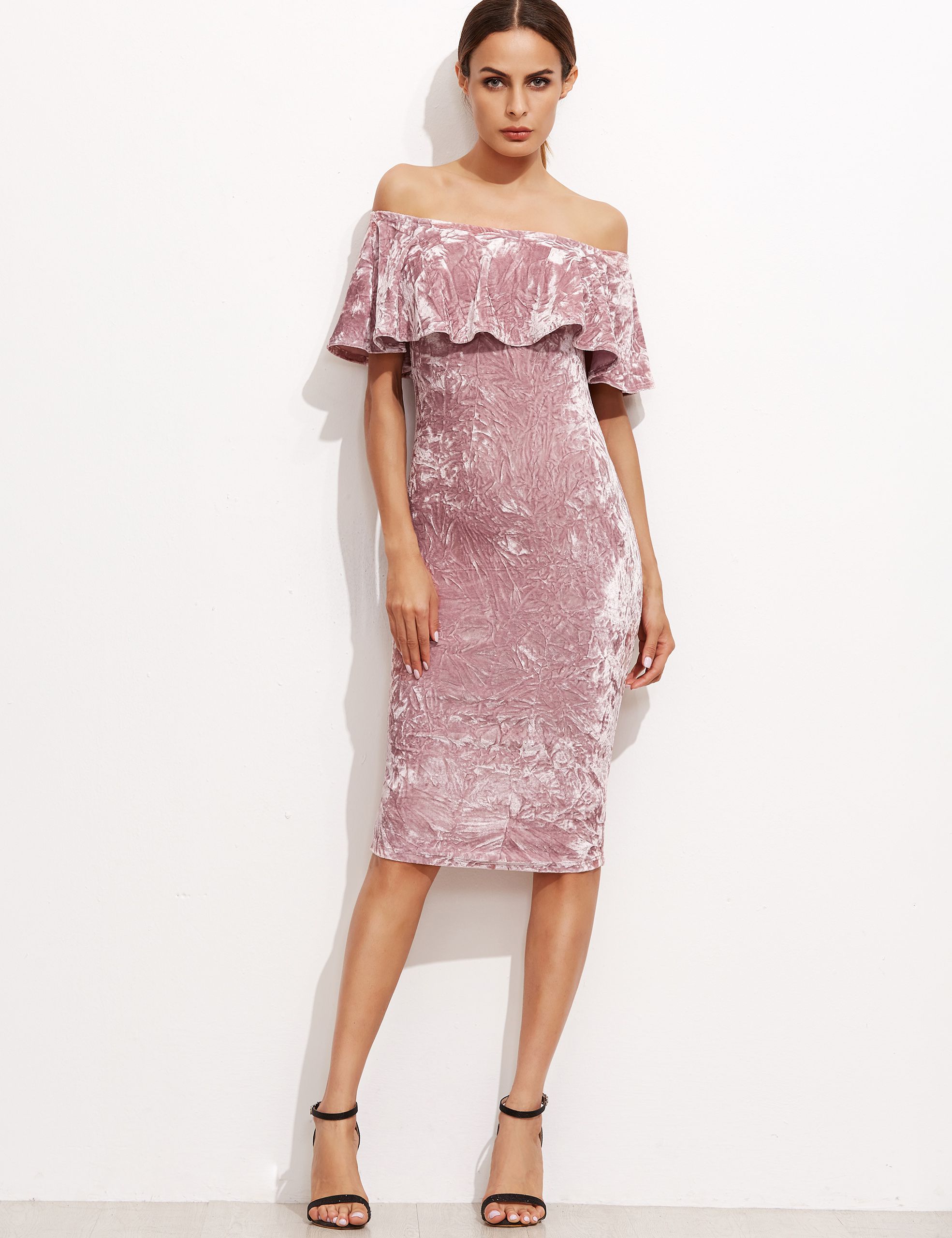 Pink Off The Shoulder Ruffle Sheath Dress