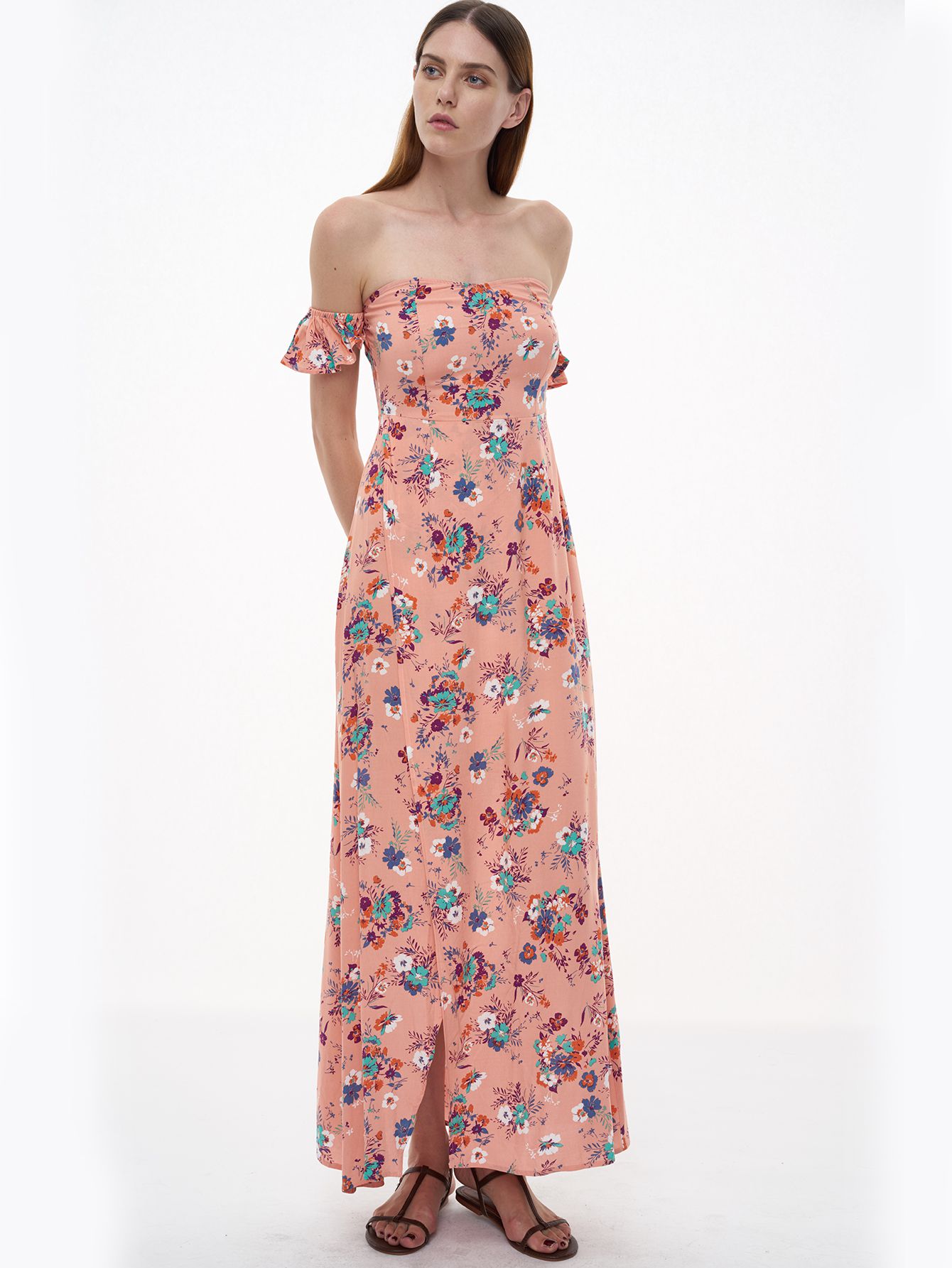 Pink Florals Off The Shoulder Slit Ruffle Dress