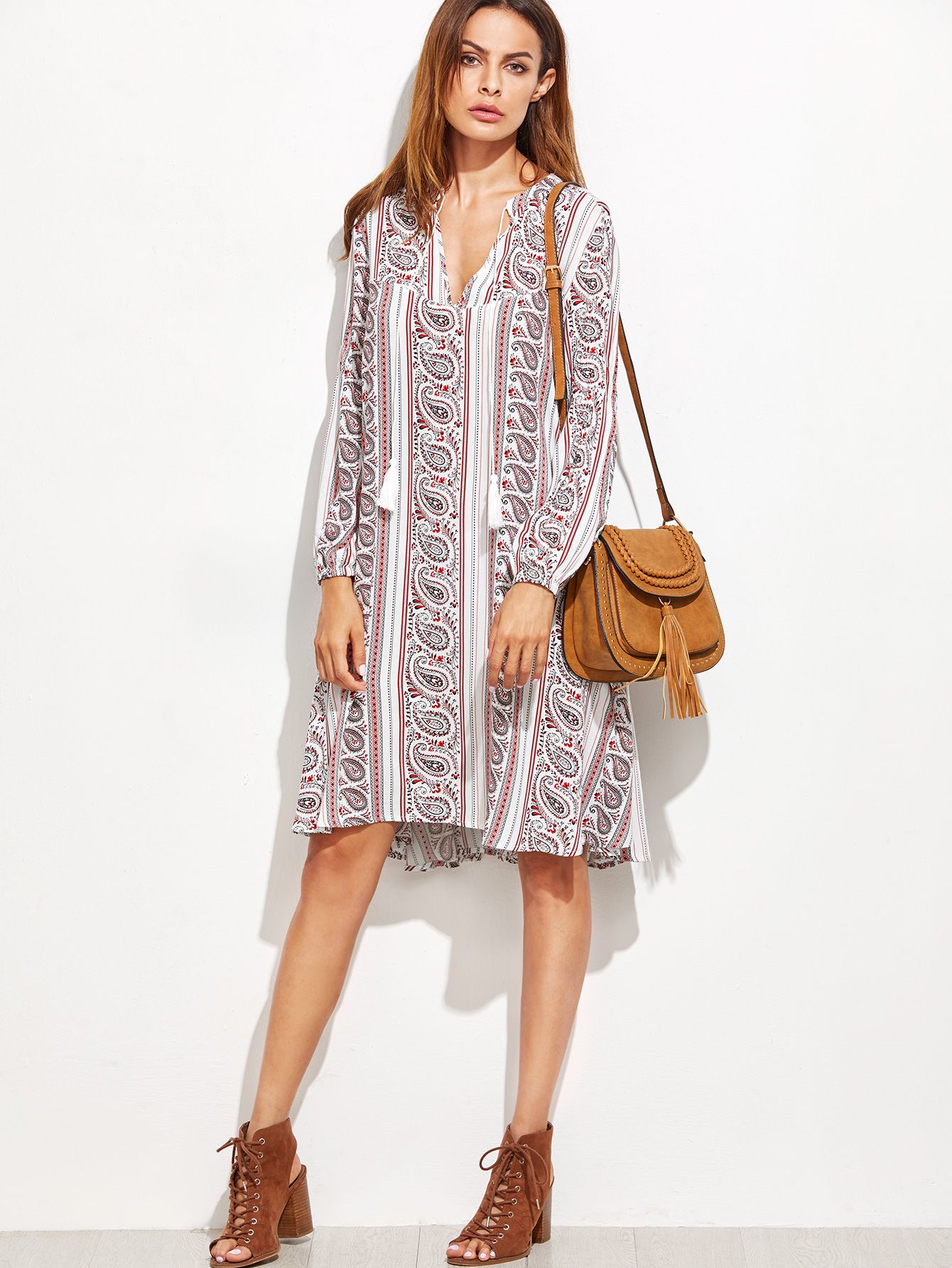 Multicolor Paisley Print V Neck Fringe Detail Dress