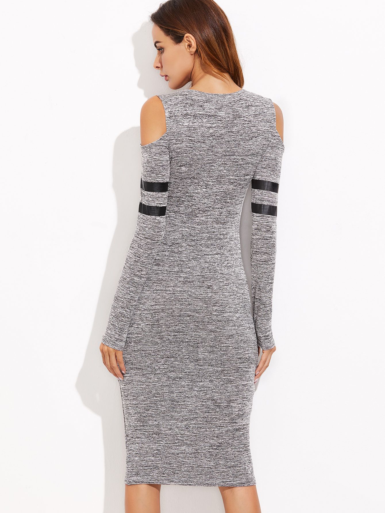 Grey Marled Knit Cold Shoulder Striped Sleeve Pencil Dress