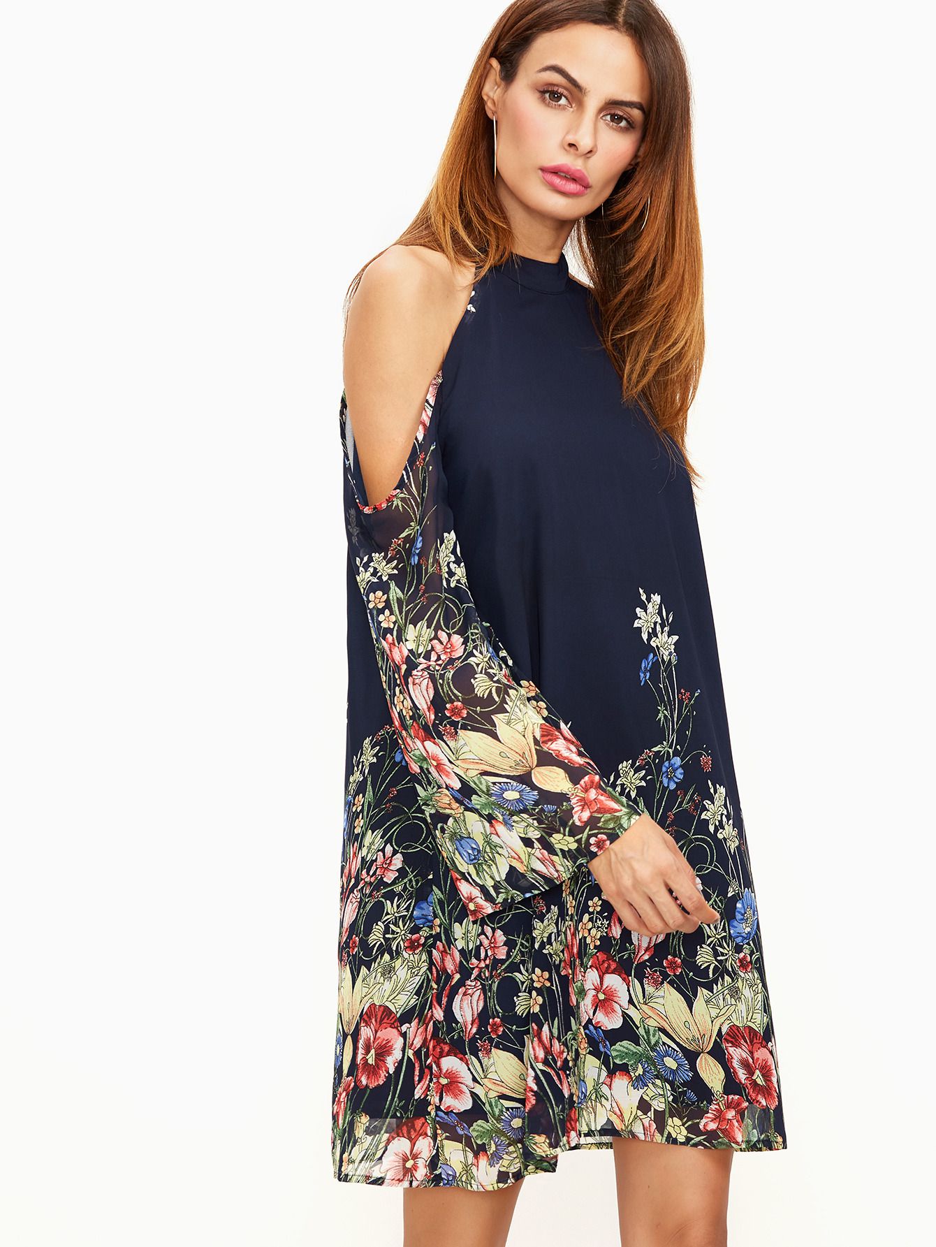 Navy Flower Print Keyhole Halter Neck Cold Shoulder Dress