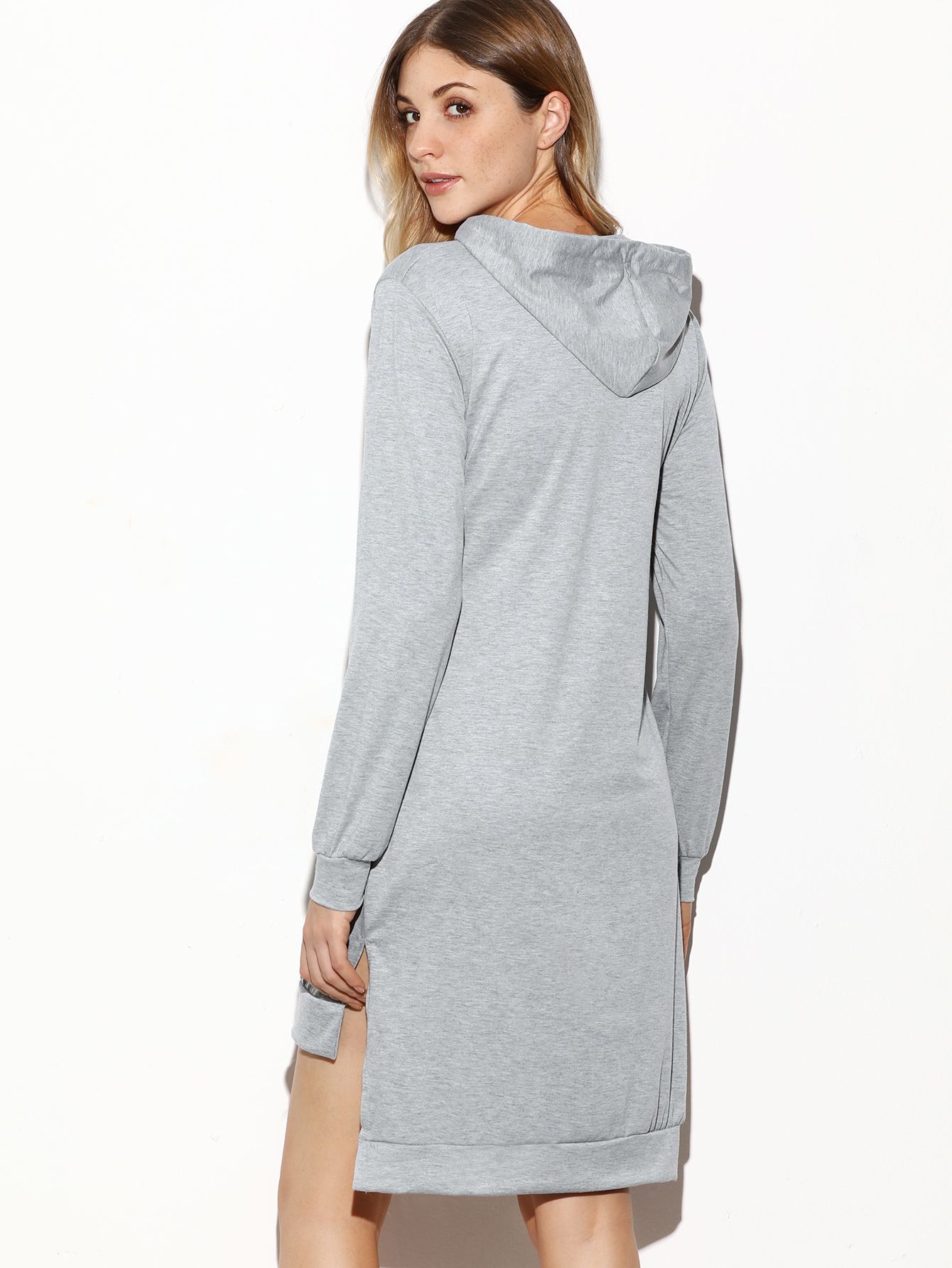 Grey Hooded Slit Side High Low Sweatshirt Dress