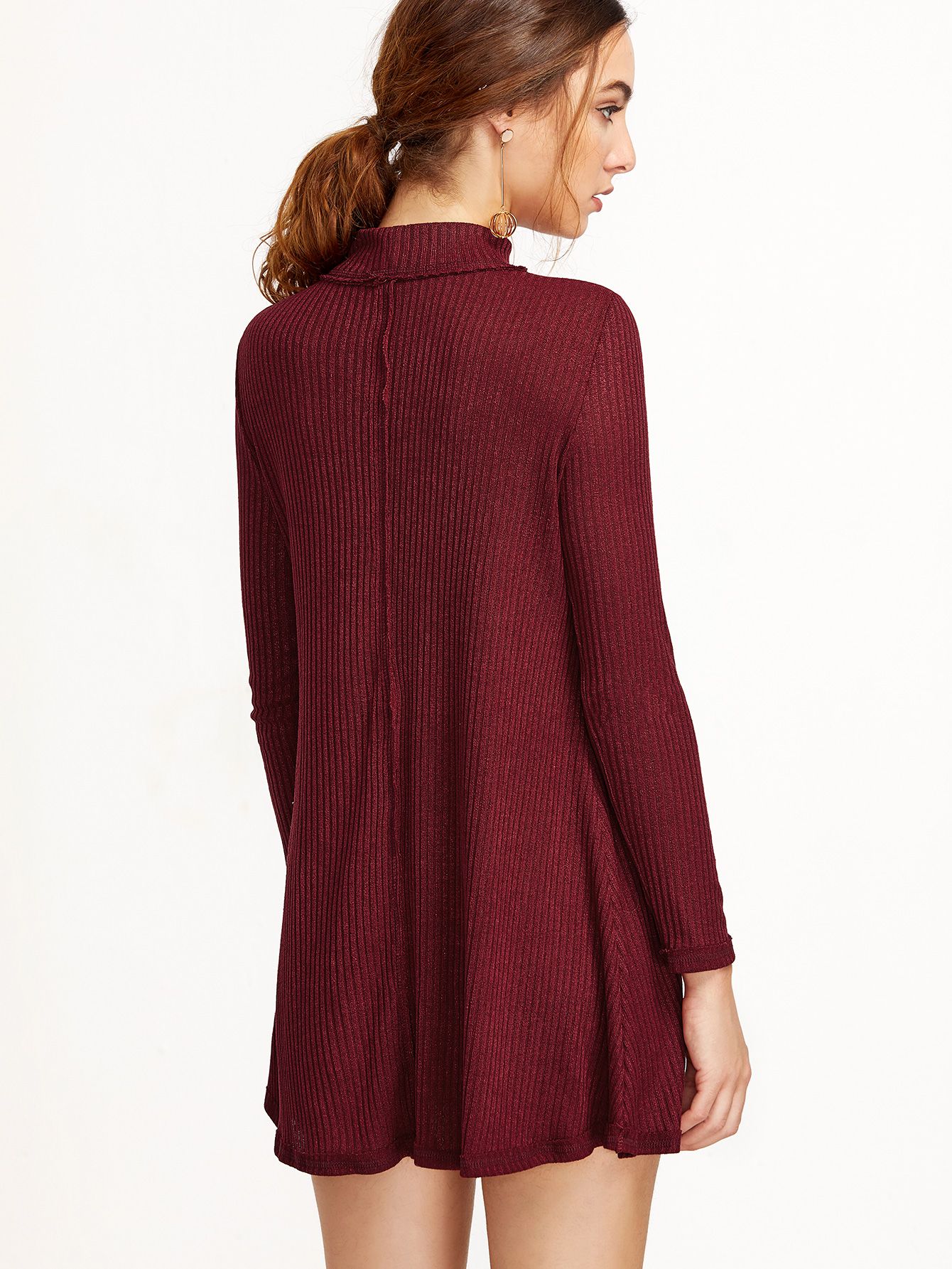 Burgundy Mock Neck Cut Out Ribbed Dress