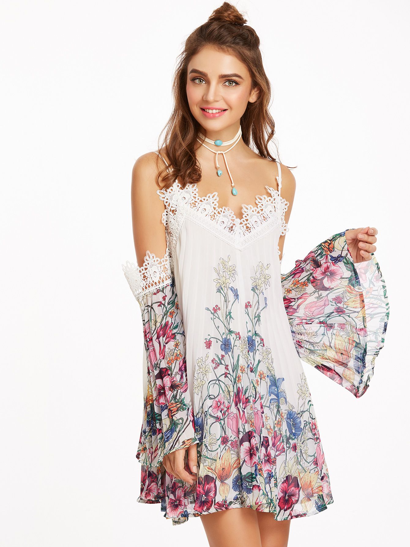 Multicolor Botanical Print Lace Trim Cold Shoulder Pleated Dress