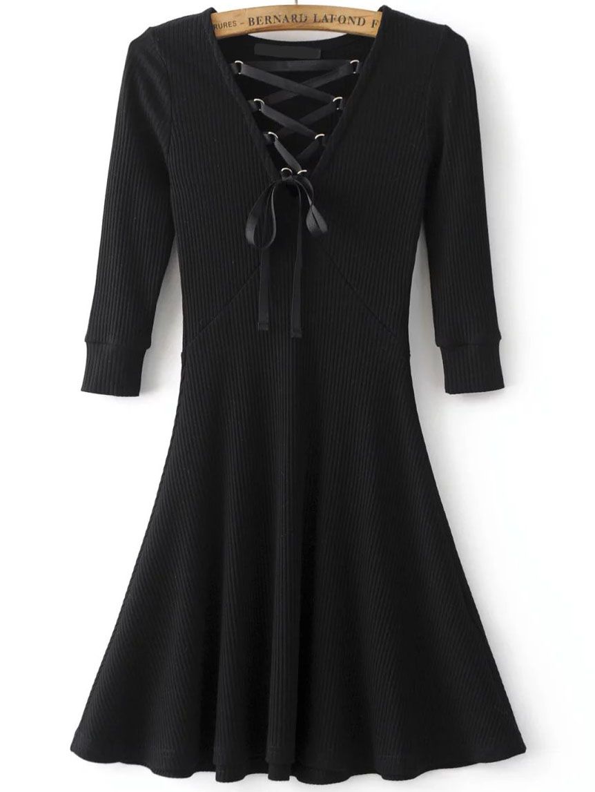 Black Lace Up V Neck 3/4 sleeve A Line Dress