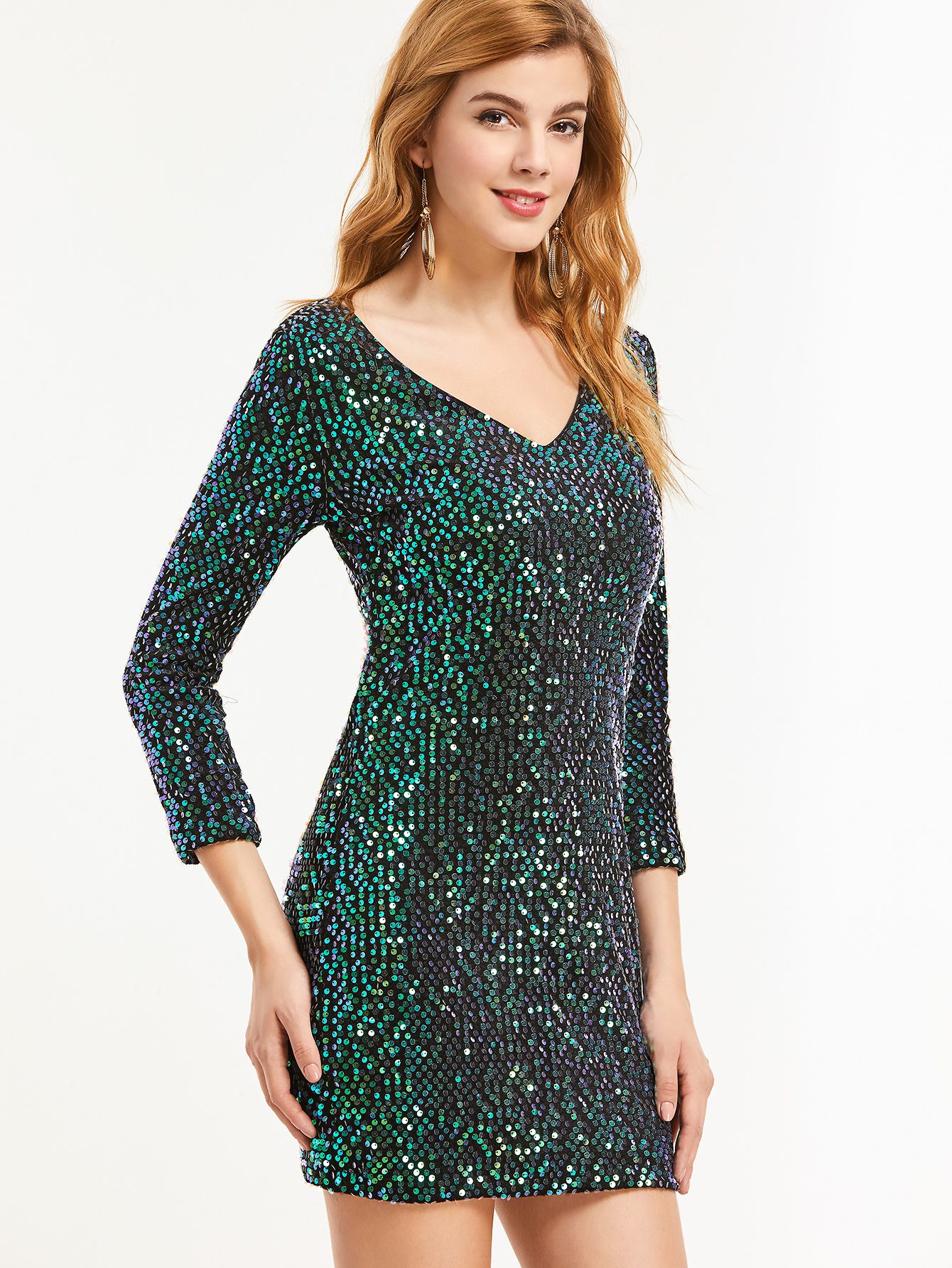 Green Sequin V Neck Bodycon Dress