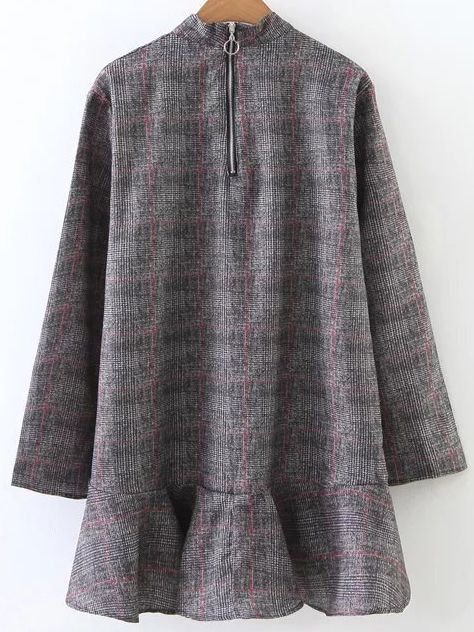 Grey Plaid Band Collar Drop Waist Dress