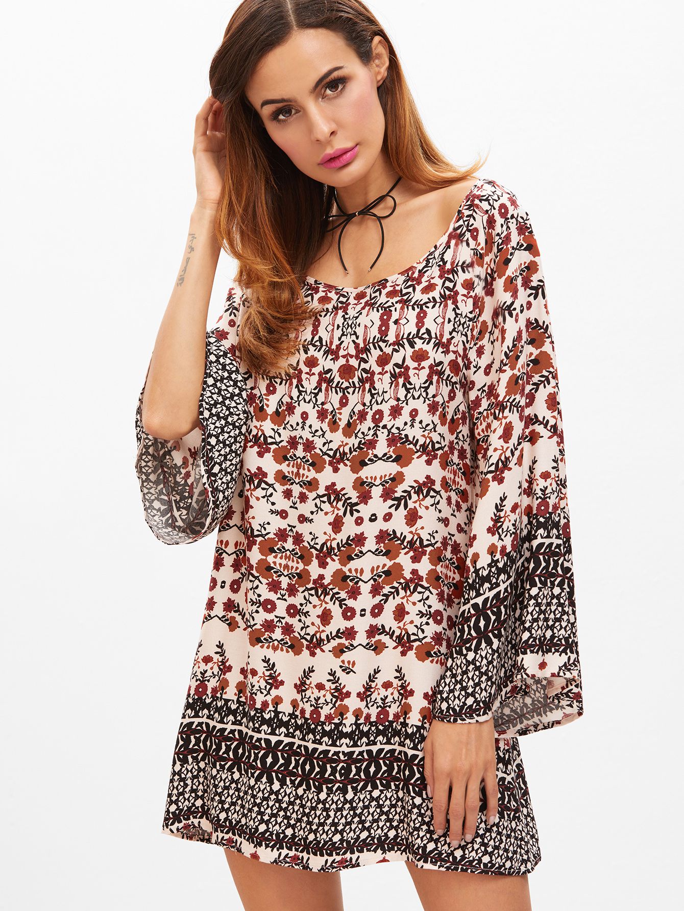 Multicolor Floral Print Kimono Sleeve Tunic Dress