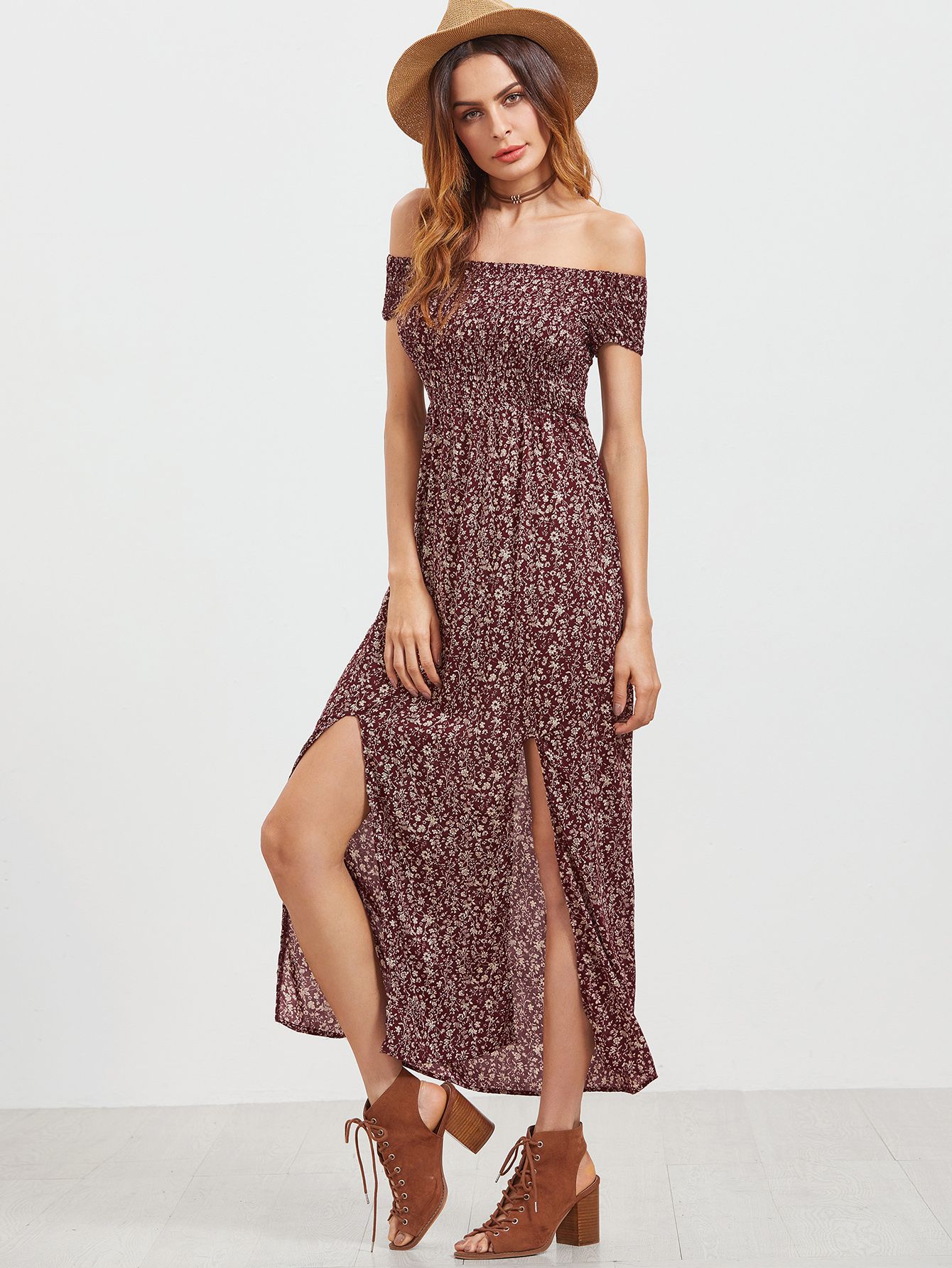 Shirred Off The Shoulder Slit Front Floral Dress