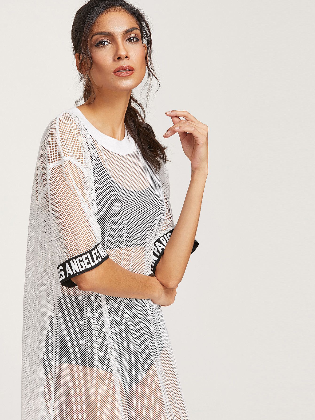 White Logo Trim Cover Up Fishnet Tee Dress