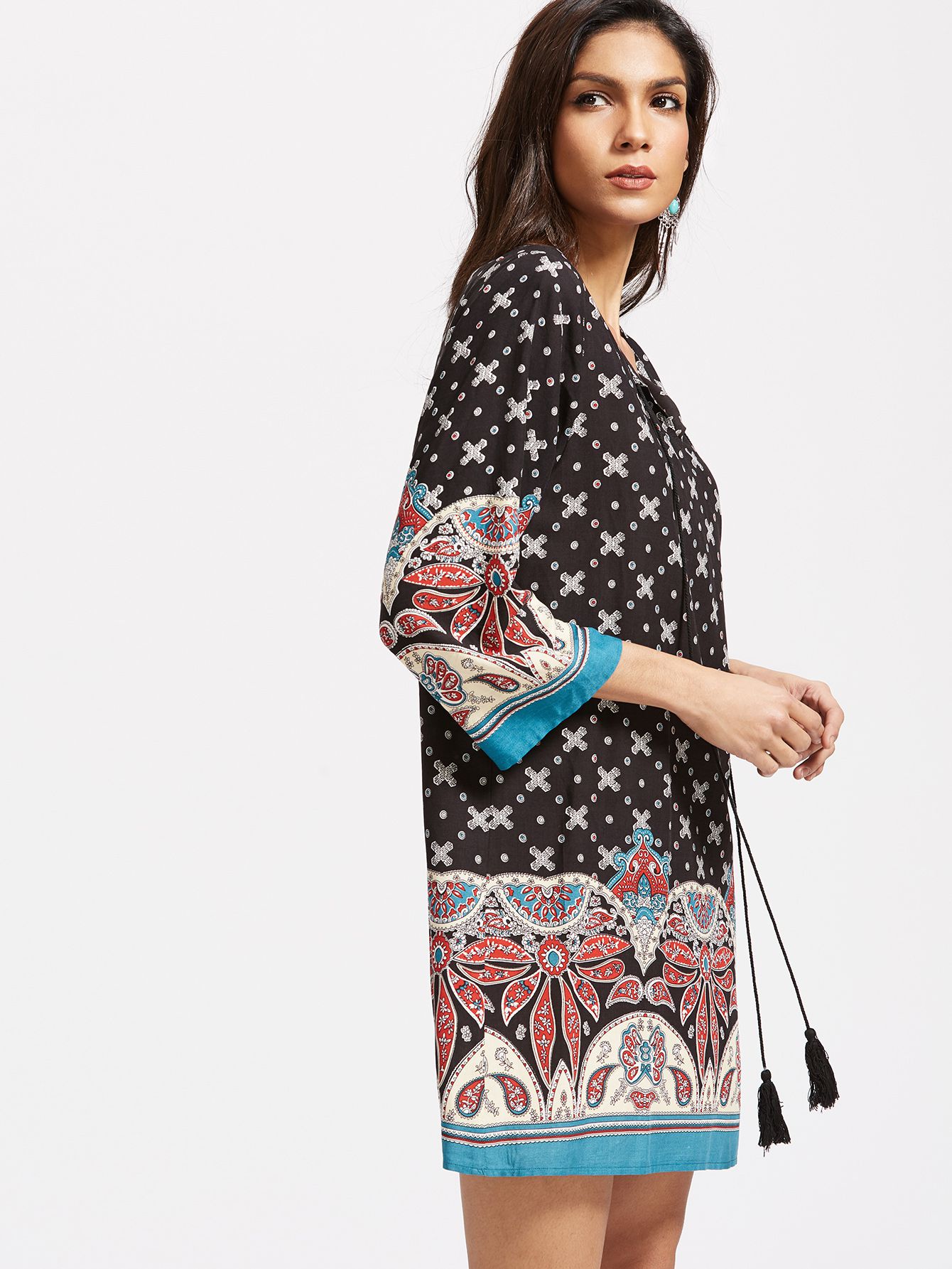 Black Ornate Print Tassel Tie Neck 3/4 Sleeve Tunic Dress