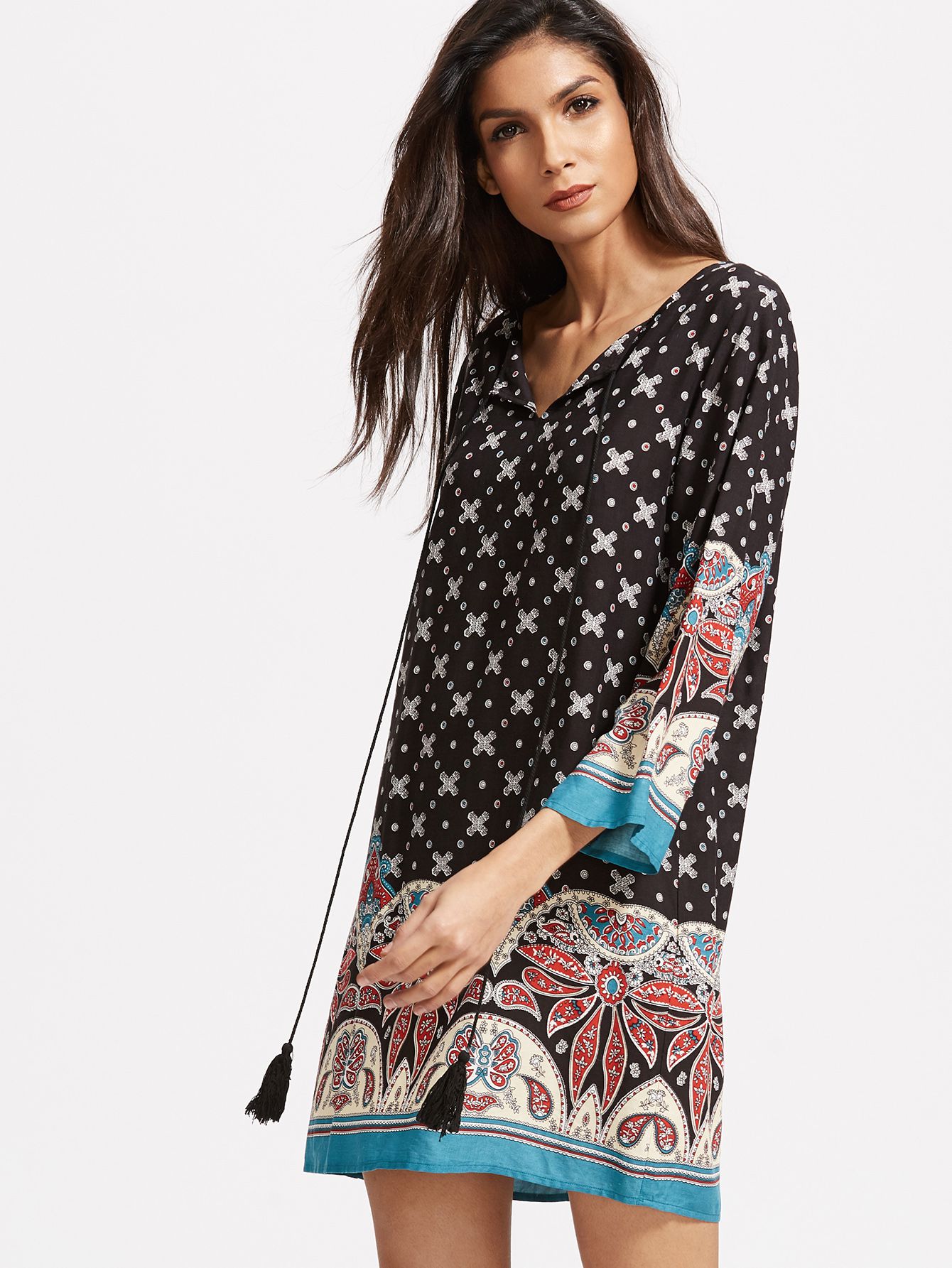 Black Ornate Print Tassel Tie Neck 3/4 Sleeve Tunic Dress