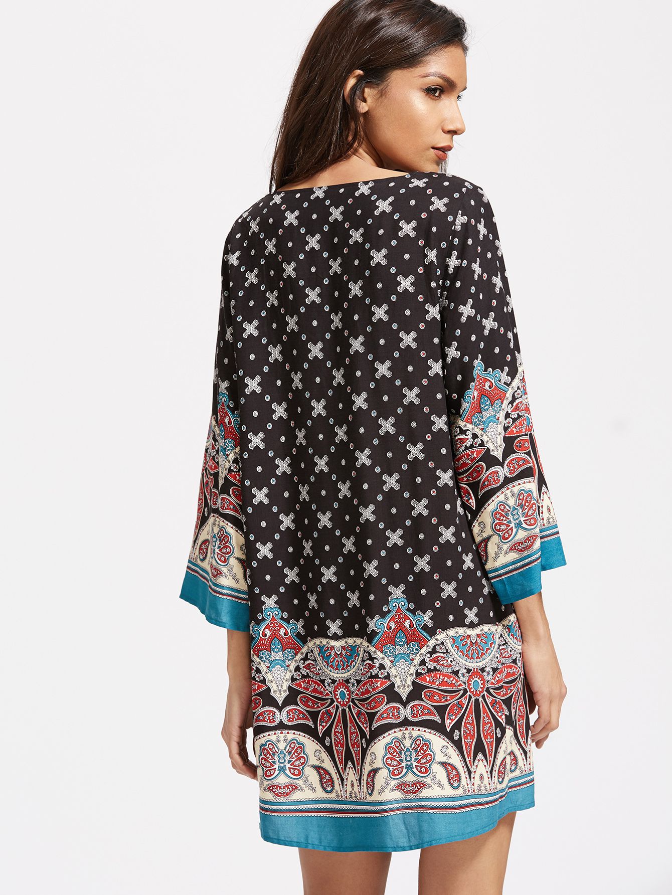 Black Ornate Print Tassel Tie Neck 3/4 Sleeve Tunic Dress