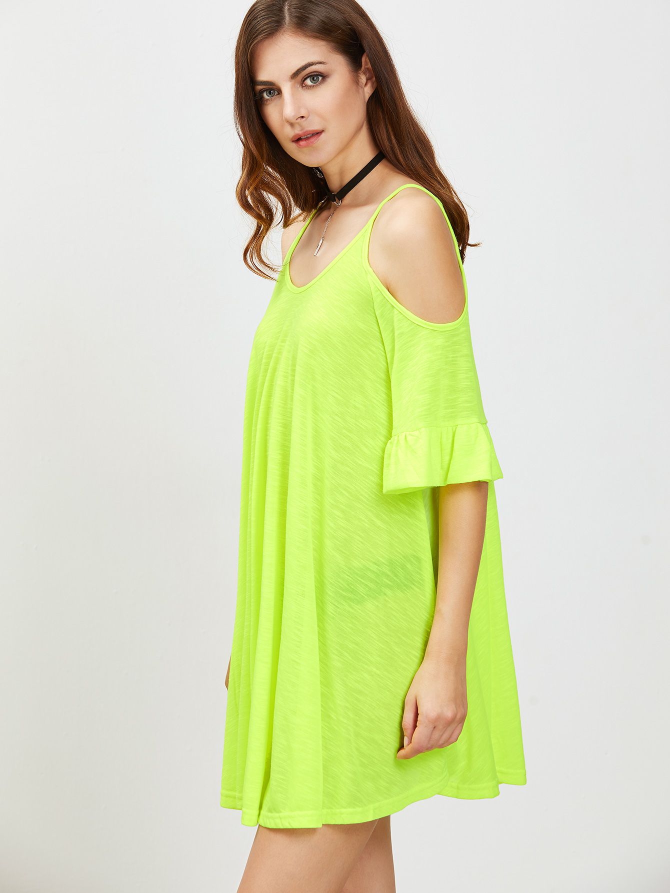 Neon Green Cold Shoulder Ruffle Cuff Dress