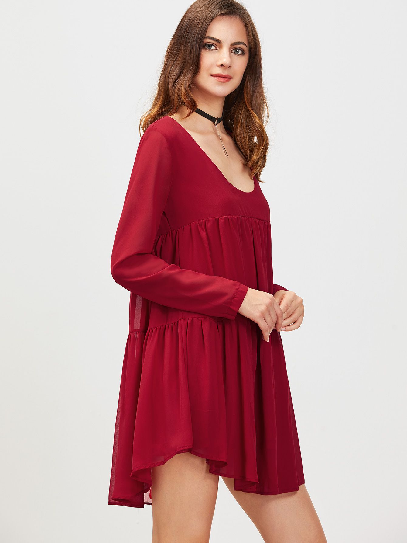 Burgundy Scoop Neck Long Sleeve Shift Dress