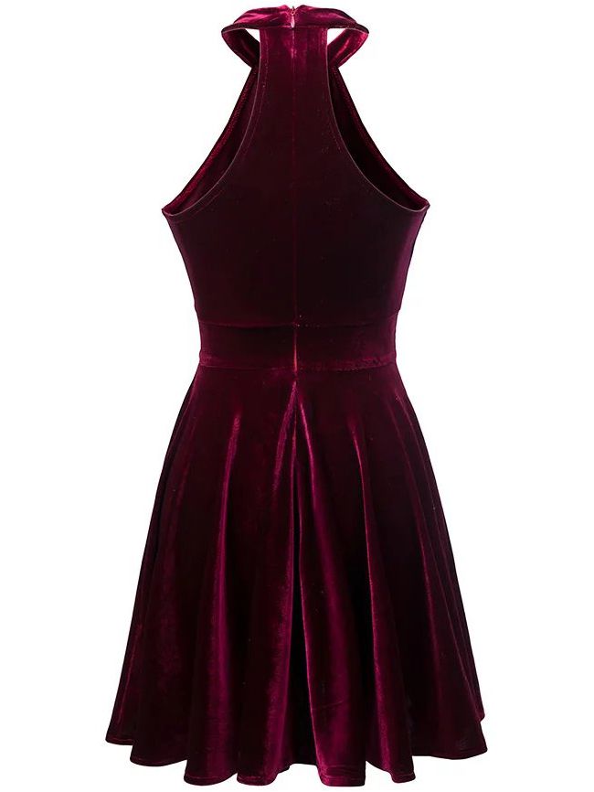 Burgundy Halter Keyhole Velvet A Line Dress