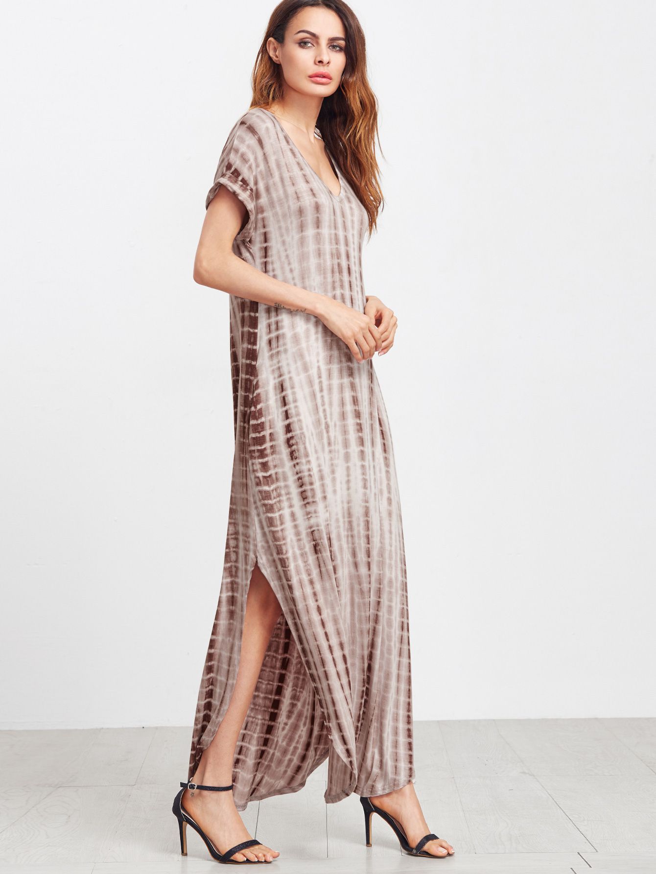 Coffee Tie Dye Print Split Curved Hem Maxi Dress