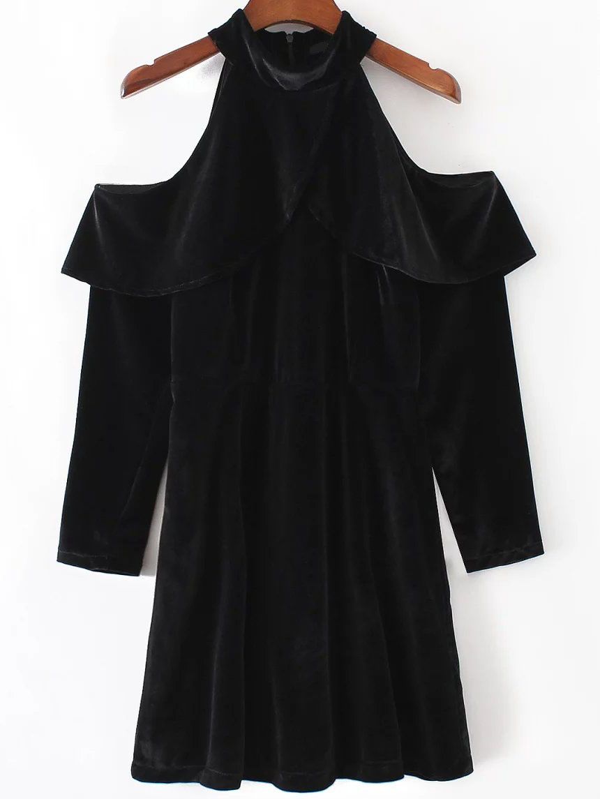 Black Open Shoulder Zipper Back Velvet Dress