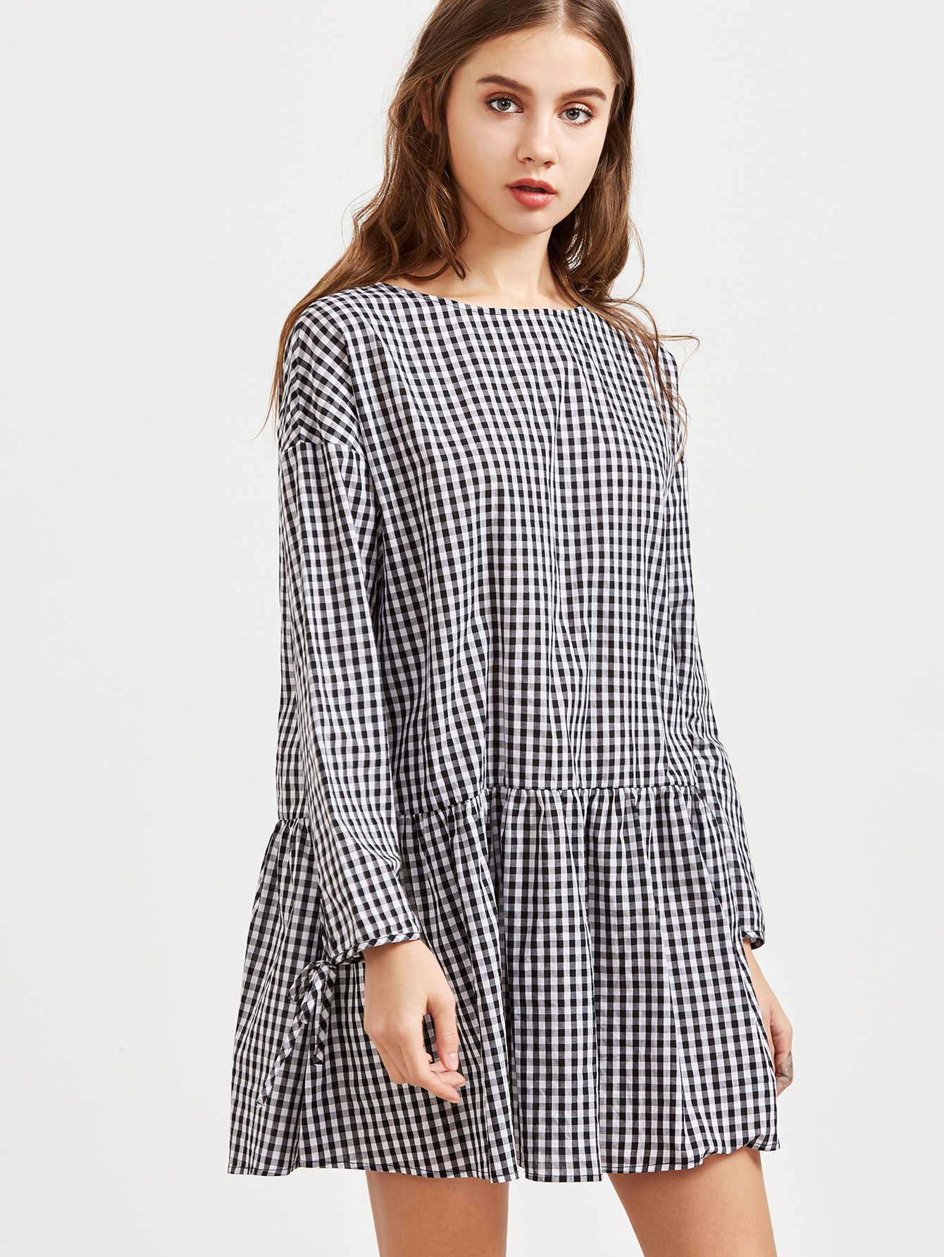 Black And White Checkered Tie Sleeve Ruffle Hem Dress