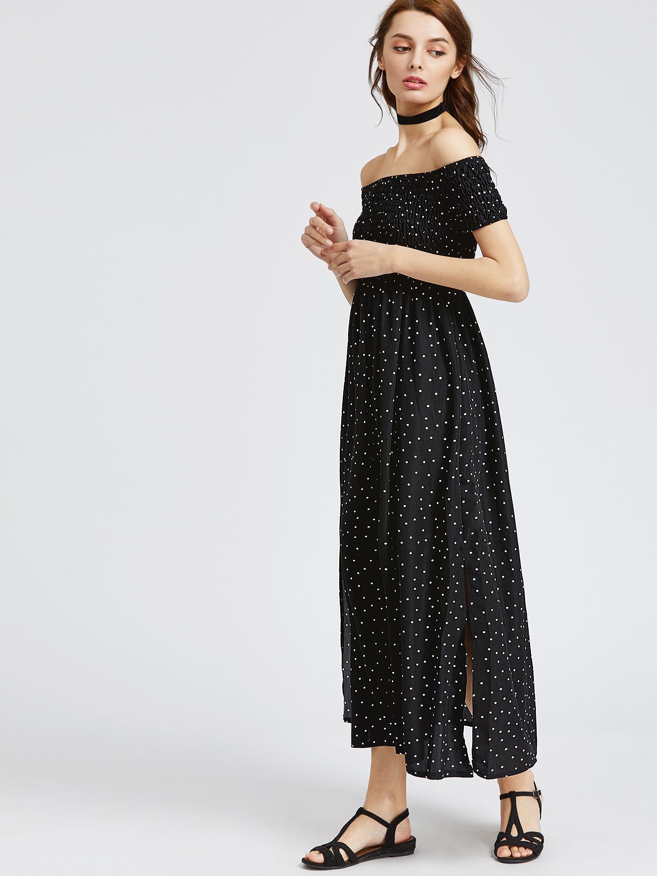 Black Polka Dot Off The Shoulder Slit Side Dress