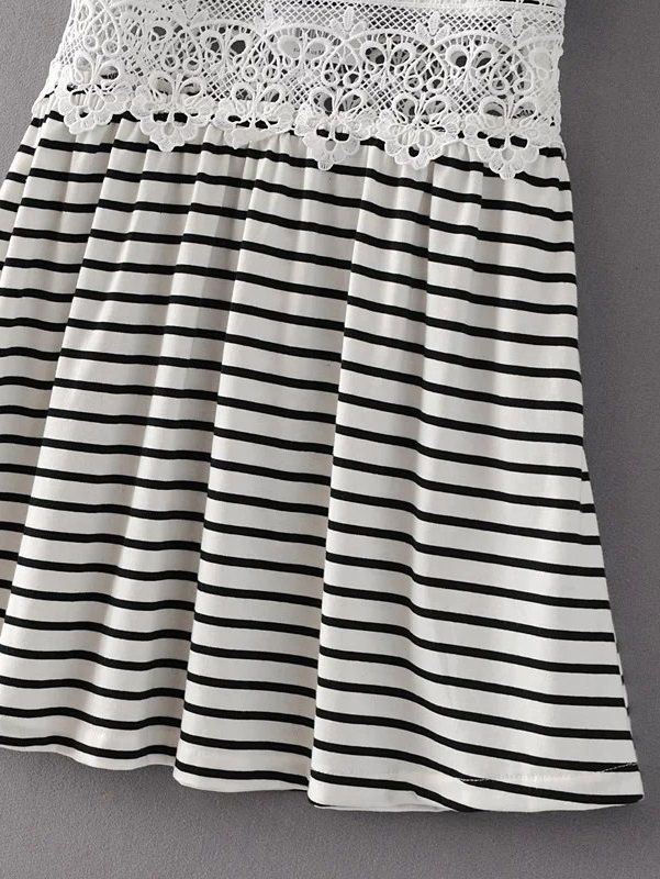 Black And White Striped Crochet Trim Cami Dress