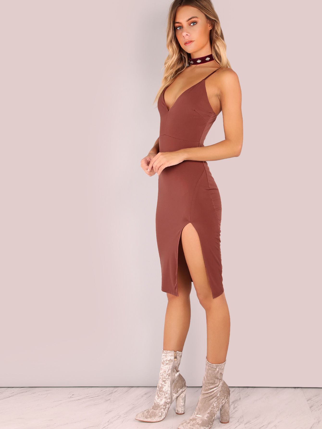 V Neck Bodycon Slit Dress DARK RED BROWN